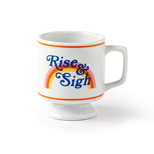 Rise & Sigh Pedestal Mug from Brass Monkey - Ceramic Coffee Mug with Plenty of Vintage Charm, Stackable Design, Dishwasher Safe, Coffee Cup with Double-Sided Artwork, Makes a Great Gift!