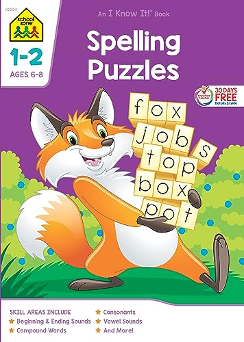 School Zone Spelling Puzzles 1-2 Workbook: 64 Pages, 1st Grade, 2nd Grade, Compound Words, Vowels, Consonants, Pronunciation, Writing, Ages 6 to 8