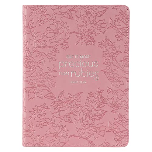 Christian Art Gifts Vegan Leather Small Journal Inspirational Scripture Women's Notebook More Precious Than Rubies Bible Verse Proverbs 3:15, 240 Ruled Pages, Strawberry Pink Floral cover