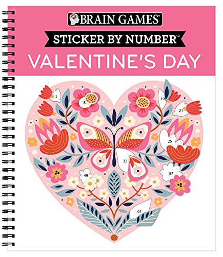 Brain Games - Sticker by Number: Valentine's Day | 10 Heartwarming Designs | No Mess Art Activity Book Gift for Kids, Teens & Adults | Perforated Pages, Spiral Bound