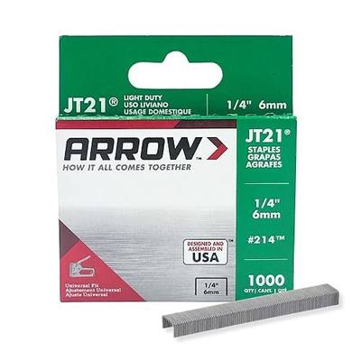 Arrow 214 JT21 Thin Wire Staples for Staple Guns and Staplers, Use for Upholstery, Crafts, General Repairs, 1/4-Inch Leg Length, 7/16-Inch Crown Width, 1000-Pack, Grey | 1/4" Leg Length, 7/16" Crown Width, Heavy-Duty Galvanized Steel, Use for Upholstery, Crafts, General Repairs