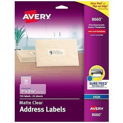 Avery Printable Address Labels with Sure Feed Technology, 1" x 2-5/8", Matte Clear, Compatible with Inkjet Printers, 750 Blank Labels Total, Great for Mailing, Branding, and More (8660)