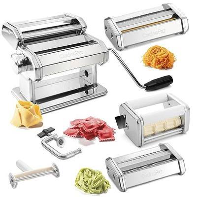 Pasta Maker Deluxe Set- Stainless Steel, 3 Interchangeable Attachments | Machine Makes 5 Different Pasta, Spaghetti Fettuccini Angel Hair Ravioli Lasagnette- Durable Cutters for Adjustable Thickness