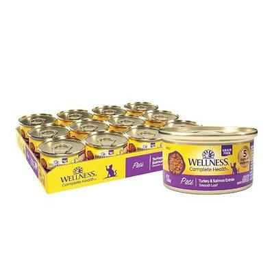 Wellness Complete Health Pate Adult Canned Wet Cat Food, Natural, Protein Rich, Grain Free, Turkey and Salmon Dinner Recipe, 3 oz, Pack of 24 Cans