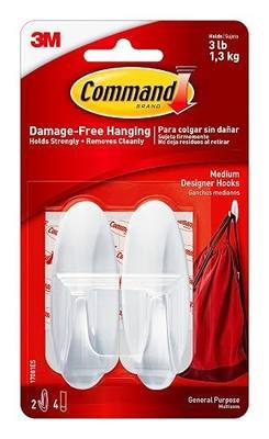 Command Medium Designer Hooks, 2 Hooks and 4 Strips, Damage-Free Hanging Wall Hook with Adhesive Strips, Adhesive Hooks for Hanging Back to School Dorm Organizers, Holds up to 3 lb