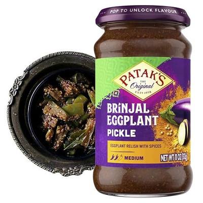Patak’s Brinjal Eggplant Pickle - Medium Heat Spicy Indian Pickle Relish w/Mustard Seeds, Garlic & Aromatic Spices - Vegan & Gluten-Free Indian Eggplant Achar - Ready to Serve - 11oz Jar (Pack of 1)
