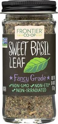 Frontier Sweet Basil Leaf, 0.48 Ounce Bottle, Cut & Sifted, Warm Mild Flavor is Great with Vegetables Dressings, Soup & More