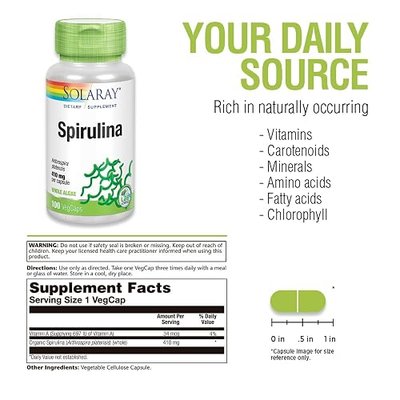SOLARAY Spirulina 410mg | Algae Superfood Supports Energy, Vitality & Overall Health | 100ct, 100 Serv.