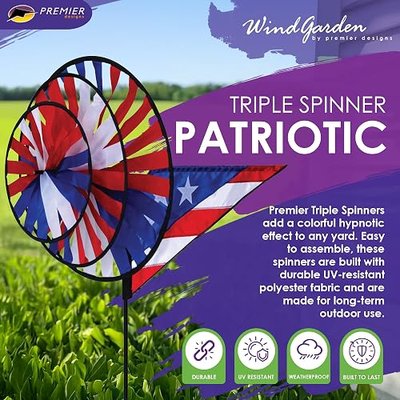 Premier Kites Triple Spinner Patriotic – Eye-Catching Garden Spinner with Colorful Triple Wheels, Durable Weather-Resistant Fabric, Easy Assembly, Outdoor Décor for Patios, Lawns & Holiday Displays