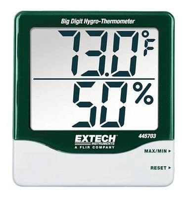 Extech 445703 Big Digit Indoor Humidity and Temperature Meter | 10-99%RH, 14-140F, 1in big-digit LCD, +/-5%RH, MIN/MAX reset, tilt stand, wall mount bracket