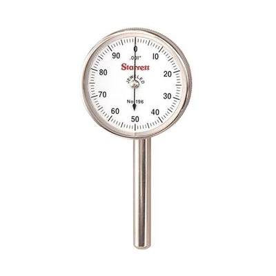 Starrett Universal Dial Test Indicator Set with Back Plunger - White Face, 0-100 Reading, 200" Range, .001" Graduation, 1/4" Shank Diameter for Mounting - 196B1