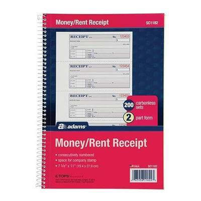 Adams Money and Rent Receipt Book, 2-Part Carbonless, 7-5/8" x 11", Spiral Bound, 200 Sets per Book, 4 Receipts per Page (SC1182), White/Canary