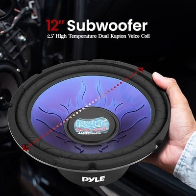 Pyle Car Vehicle Subwoofer Audio Speaker - 12 Inch Blue Injection Molded Cone, Blue Chrome-Plated Steel Basket, Dual Voice Coil 4 Ohm Impedance, 1200W Power, for Vehicle Stereo Sound System- PL1290BL