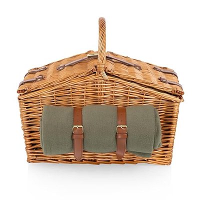 PICNIC TIME Somerset Deluxe Picnic Basket with Blanket, Romantic Wine Wicker Basket with Handle, Complete Deluxe Service for Two, Features Leatherette Straps and Double-lid Opening, (Sage Green)