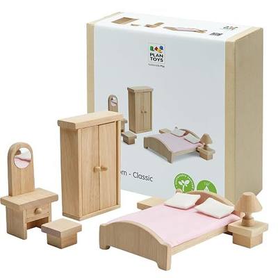 PlanToys® Classic Wooden Dollhouse Bedroom Set Bed, Closet, Vanity & Lamp | chairs, doll house accessories, small world scenes, girls imaginative pretend play, montessori storytelling gift for kids