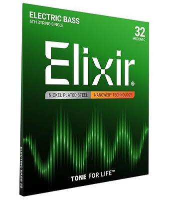 Elixir Strings, Custom Electric Bass Guitar Strings, Nickel Plated Steel with NANOWEB Technology, Longest-Lasting Warm Tone with Comfortable Feel, 6th String Single, Medium C 32