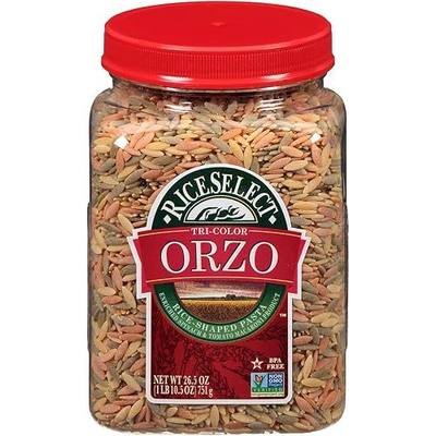 RiceSelect Tri-Color Orzo Pasta, Non-GMO, 26.5 oz (Pack of 4 Jars)