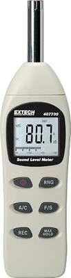 Extech 407730 Digital Sound Level Meter, 40 to 130dB, A/C Weighting | 0.1dB resolution, 2dB accuracy, analog bargraph, max/min, max hold, auto power off, windscreen