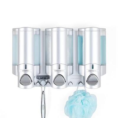Better Living Aviva Wall Mount Shower Dispenser, 3 x 11 oz, Satin Silver | 3 Chamber, Shower Dispenser for Bathroom, Built-in Hooks, No Drill, Waterproof Dispenser Pump