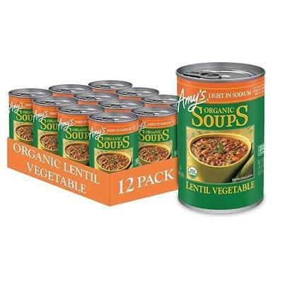 Amy’s Soup, Vegan Light in Sodium Lentil Vegetable Soup, Gluten Free, Made With Organic Vegetables, Canned Soup, 14.5 Oz (12 Pack)