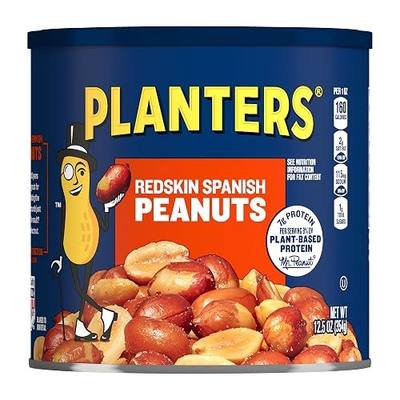 Planters Spanish Peanuts, Plant Based Protein Snack, 12.5 oz Resealable Can | Peanuts with redskins for flavor and texture, 200mg Potassium, Snack for adults, Plant-based Protein Snack