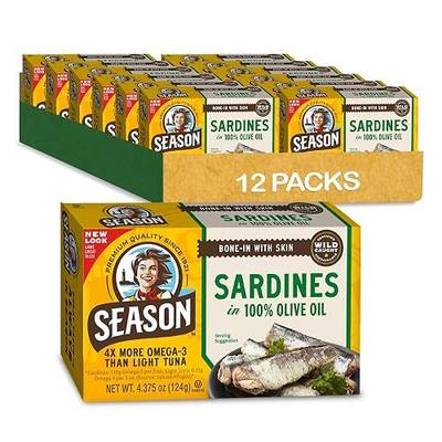 Season Sardines in Olive Oil Wild Caught, 4.37 Oz Tins, 12-Pack | 22g of Protein, Keto Snacks, More Omega 3's Than Tuna, Kosher, High in Calcium, Canned Sardines