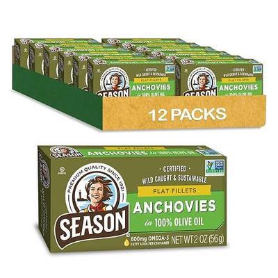 Season Anchovies in Olive Oil Flat Anchovy Fillets, 2 Ounce, 12-Pack | Wild Caught Fish, Keto Snacks, Canned Anchovies, Rich in B Vitamins, Low in Mercury, Kosher, Non-GMO, 600mg of Omega-3