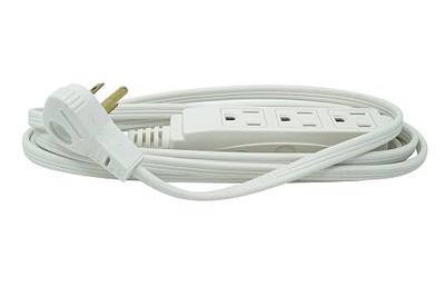 Woods SlimLine Indoor Flat Extension Cord, 8 Ft, 16 Gauge Right Angle Plug, 3 Polarized Outlets, 125 Volts, White, 2241