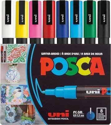 Uni Posca Paint Markers, 3M Fine Point Acrylic Paint Pens with Reversible Tips, Art Supplies For Gifts, Decorations Fabric, Metal, Glass, Wood and Canvas, 8 Pack