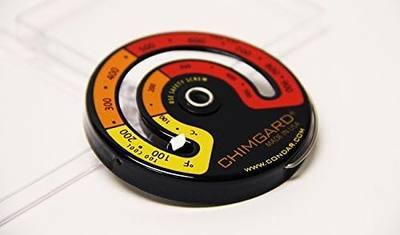 EXCITING EASY TO READ GRAPHICS. ChimGard® Energy Meter (3-4) Woodstove Thermometer. Durable genuine porcelain enamel with yellow, orange and red zones clearly indicated on black case.
