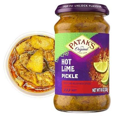 Patak’s Hot Lime Pickle - Authentic Indian Relish w/Lime Dices, Mustard Seeds & Aromatic Spices - Perfect for Sandwiches, Curries, Salads & Cold Meats - Vegan Spicy Pickle - 10oz Jar (Pack of 1)