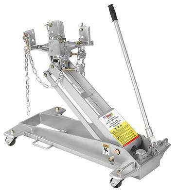 OTC 1521A 1000 Pound Capacity Low-Lift Transmission Jack - Features Tilting Universal Mounting Head w/ Adjustable Brackets, 6-1/2" to 29-1/2" Lifting Range, Safety Chains, and 360° Rotating Handle | Features Tilting Universal Mounting Head w/ Adjustable Brackets, Safety Chains, and 360° Rotating Han
