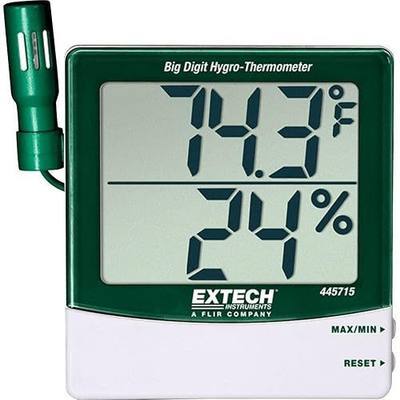 Extech 445715 Big Digit Remote-Probe Hygro-Thermometer | 10-99%RH, -10 to 60C, 18in remote probe, MIN/MAX, calibration pots, mounting bracket, dual display