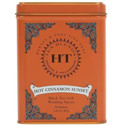 Harney and Sons Caffeinated Hot Cinnamon Sunset Black Tea with Orange and Cloves Tin 20 Sachets, Black Tea with Warming Spices (Pack of 1) | Black tea, three cinnamons, orange peel & cloves, naturally sweet, caffeinated
