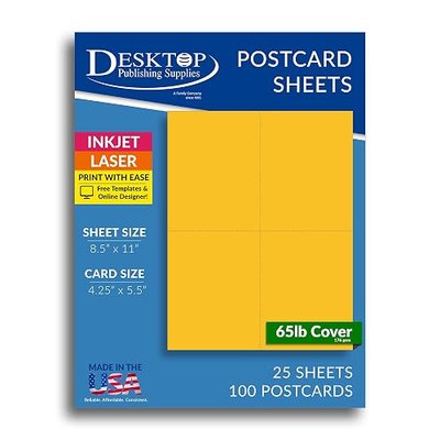 Blank Colored Printable Postcard Paper 100 Bright Blue Postcards, Perforated 4-Up 4.25" x 5.5" 65lb Cover (176gsm) Matte Cardstock for Laser/Inkjet Printers, USPS Approved Blank Postcards for Mailing