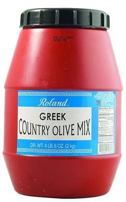 Roland Foods Greek Country Olive Mix, Whole Olives Marinated with Garlic and Pepperoncini Peppers, Specialty Imported Food, 4 Lb 6 Oz Tub