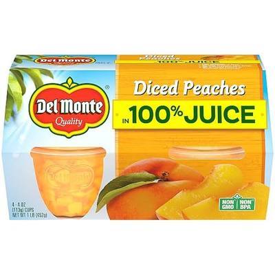 Del Monte Diced Peaches in 100% Juice, 4oz (4 Cups) Fruit Cup Snacks