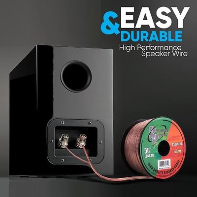 50ft 14 Gauge Speaker Wire - Copper Cable in Spool for Connecting Audio Stereo to Amplifier, Surround Sound System, TV Home Theater and Car Stereo - Pyramid RSW1450, BLACK
