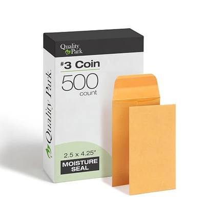 Quality Park 2-1/2 x 4-1/4 Coin Envelopes, #3 Coin Envelopes, 500 Pack, with Gummed Flap, 28 lb Brown Kraft Paper for Small Parts and Cash, Ideal for Home and Office Organization