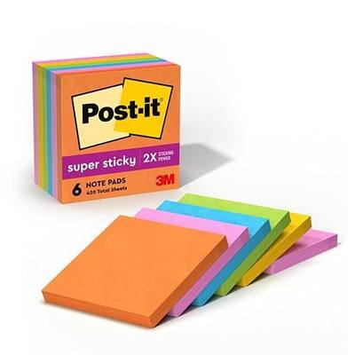 Post-it Super Sticky Notes, 3 x 3 in, Neon Fizz, 6 Pads, 70 Sheets/Pad | School Supplies and Office Supplies, 2X the Sticking Power