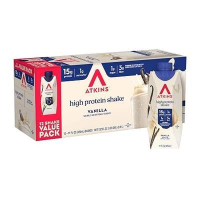 Atkins Vanilla High Protein Shake, 15g Protein, 12 Count | 15g Protein, 3g Fiber, 1g Net Carb, 1g Sugar, Vanilla Flavored, Keto Friendly, Ready to Drink, 12 Count