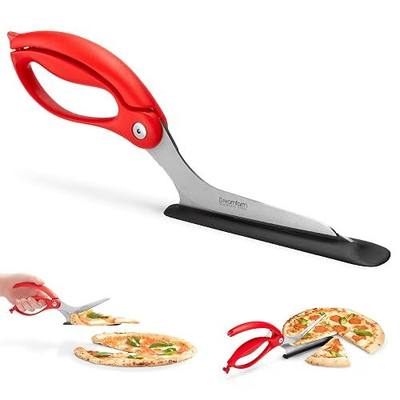 Dreamfarm Scizza 2-In-1 Easy Ergonomic Pizza Scissors with Stainless Steel Pizza Cutter Blades & Non-Stick Slice Server - Red | Cuts and serves pizza with non-scratch, heat resistant serving base, spring-loaded German stainless steel blades