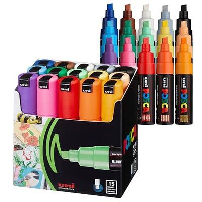 posca Acrylic Paint Markers, 8K Broad Bold Thick Chisel Tips, Artist Recommended Pens for Coloring Gifts, Fabric, Canvas, Glass, Wood or Metal, Set of 15