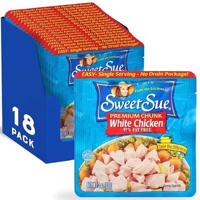 Sweet Sue Premium Chicken Breast with Rib Meat Pouch, 3 oz (Pack of 18) | White Chicken Chunks, 20g Protein per Packet, Gluten Free, Keto Friendly, Ready to Eat