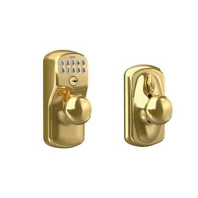 Schlage Electronic Keypad Lock with Knob, Plymouth Trim, Bright Brass | Keypad door lock with knob, Keyless entry, Push button keypad, Flex Lock auto-lock option, Certified security, FE595