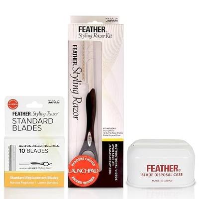 Feather - Standard Styling Razor Kit – Ergonomic 7.25 inch Black Razor Handle, 11 Guarded Replacement Blades & Metal Disposable Case – Japanese Stainless Steel - Made in Japan