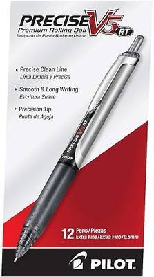 Pilot Precise V5 RT Refillable & Retractable Rollerball Pens, Extra Fine Point Pens 0.5 mm, Black, Pack of 12 - Ideal for School, Journaling & Office Writing