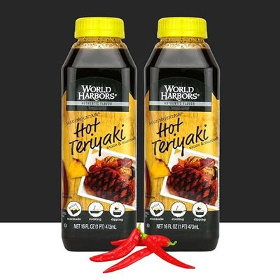 World Harbors Hot Teriyaki Sauce Perfect for Grilling Stir-Fries, Dipping, Marinades for Pork, Chicken, Beef, Steak, and More, Spice Up Every Dish with Intense Flavor Made in USA 16 Fl Oz (Pack of 6
