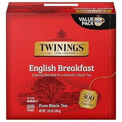 Twinings English Breakfast Black Tea Individually Wrapped Bags, 100 Count (Pack of 1), Smooth, Flavourful, and Robust, Caffeinated, Enjoy Hot or Iced, 100 Teabags