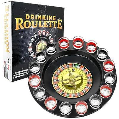 Shot Glass Roulette Drinking Game – 16-Piece Red/Black Set with 2 Metal Balls, Fun Adult Party Game for White Elephant, Game Nights, and Gifts